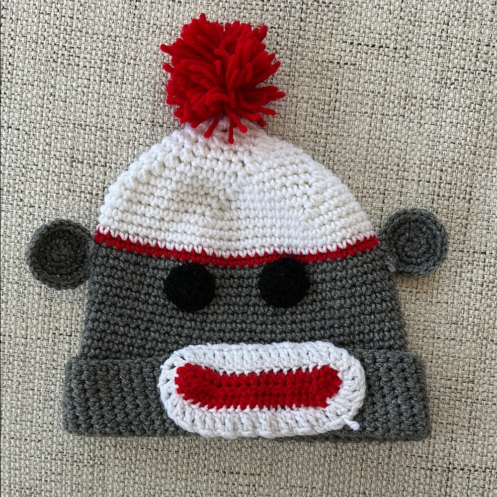 Handmade Sock Monkey Knit Hat - Red, White, Gray